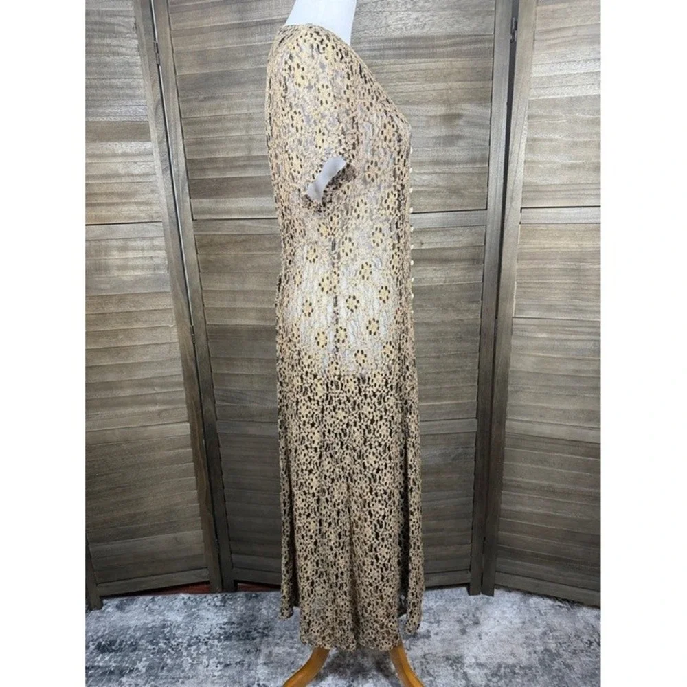 Sheena Los Angeles Women Gold Black Floral Lace Button Front Maxi Dress Back Tie